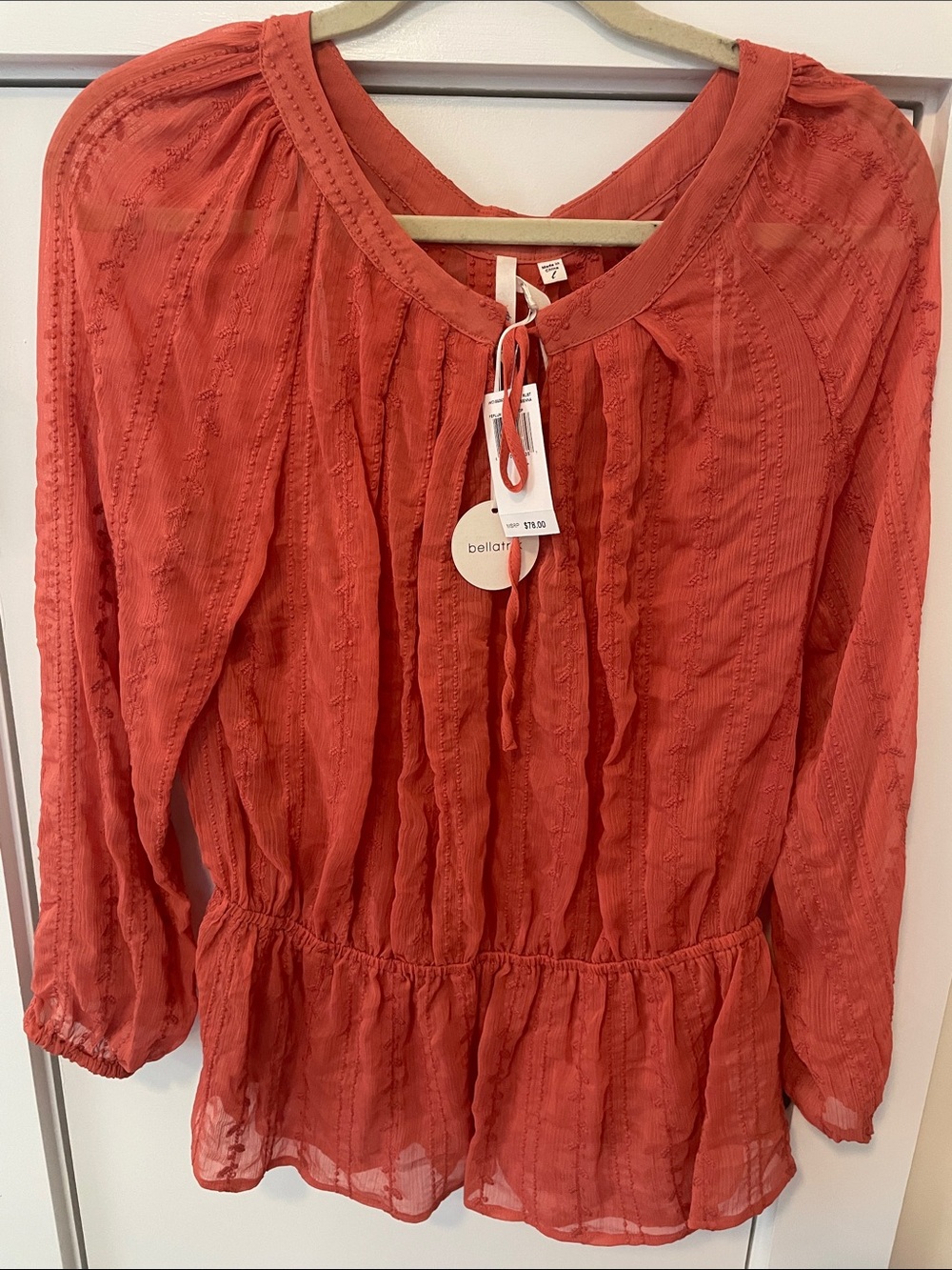 Bellatrix Coral Red Peasant Blouse with Tie Neck Large